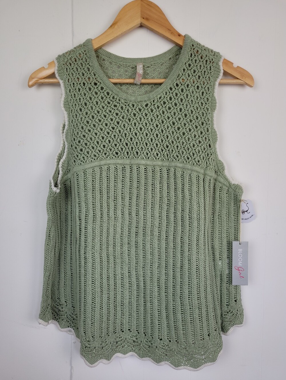 Bloom Girl XL Sage Green Crochet Knit Sleeveless Top NWT